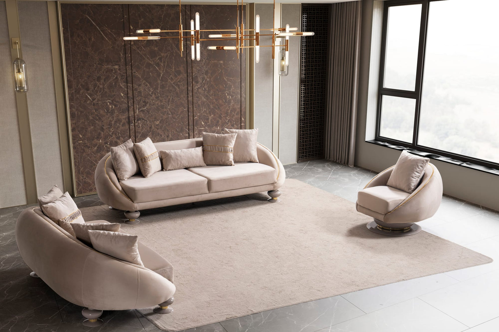 Elysium Sofa, Loveseat, and Chair Set with Sculptural Curved Silhouettes view 3