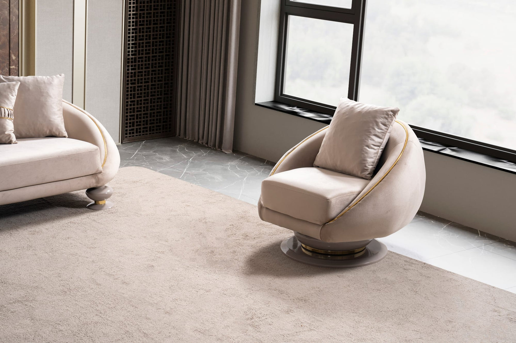 Elysium Sofa, Loveseat, and Chair Set with Sculptural Curved Silhouettes view 24