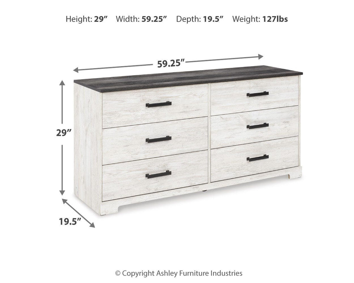 Shawburn Whitewash/Charcoal Gray Dresser — dimension illustration
