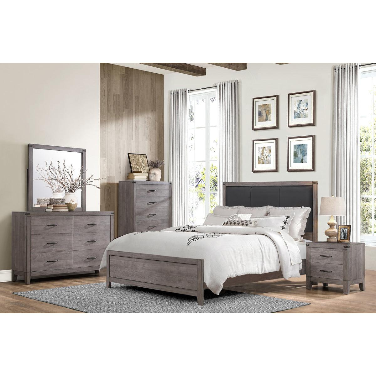 Woodrow Full Upholstered Panel Bed angled view highlighting button-tufted headboard