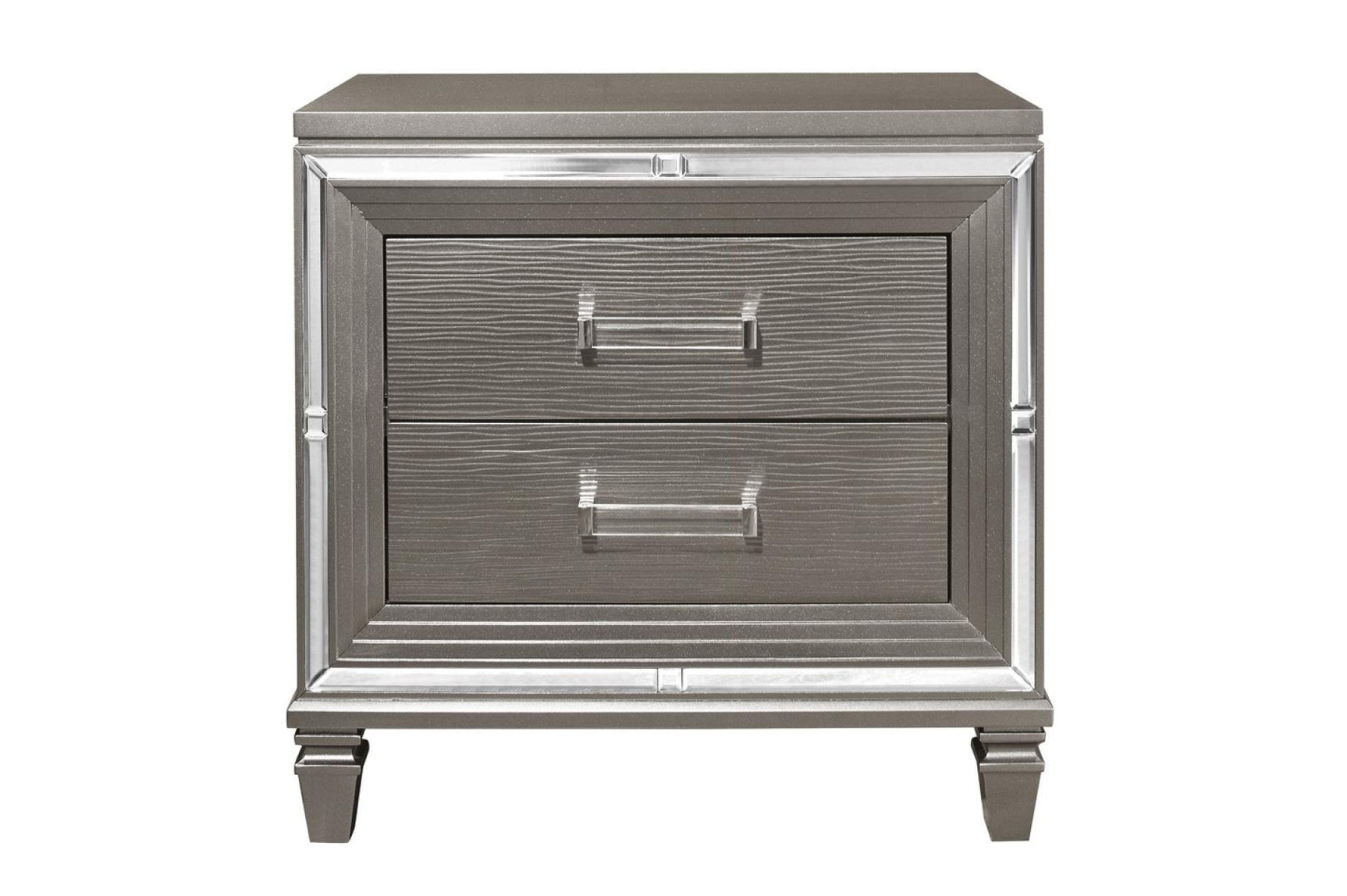 Bedroom view of Tamsin Silver Gray Faux Leather LED Storage Platform Bedroom Set bed