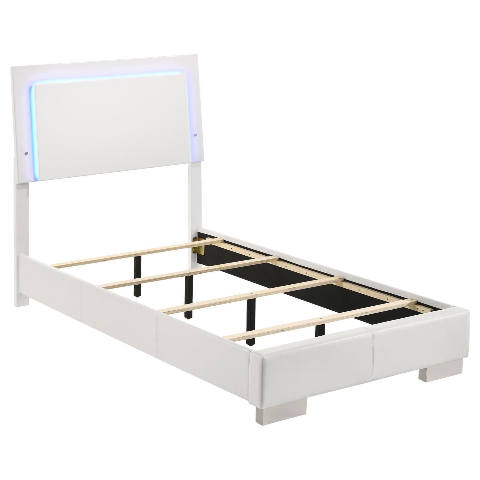 Close-up of LED touch lighting on Felicity twin bed headboard