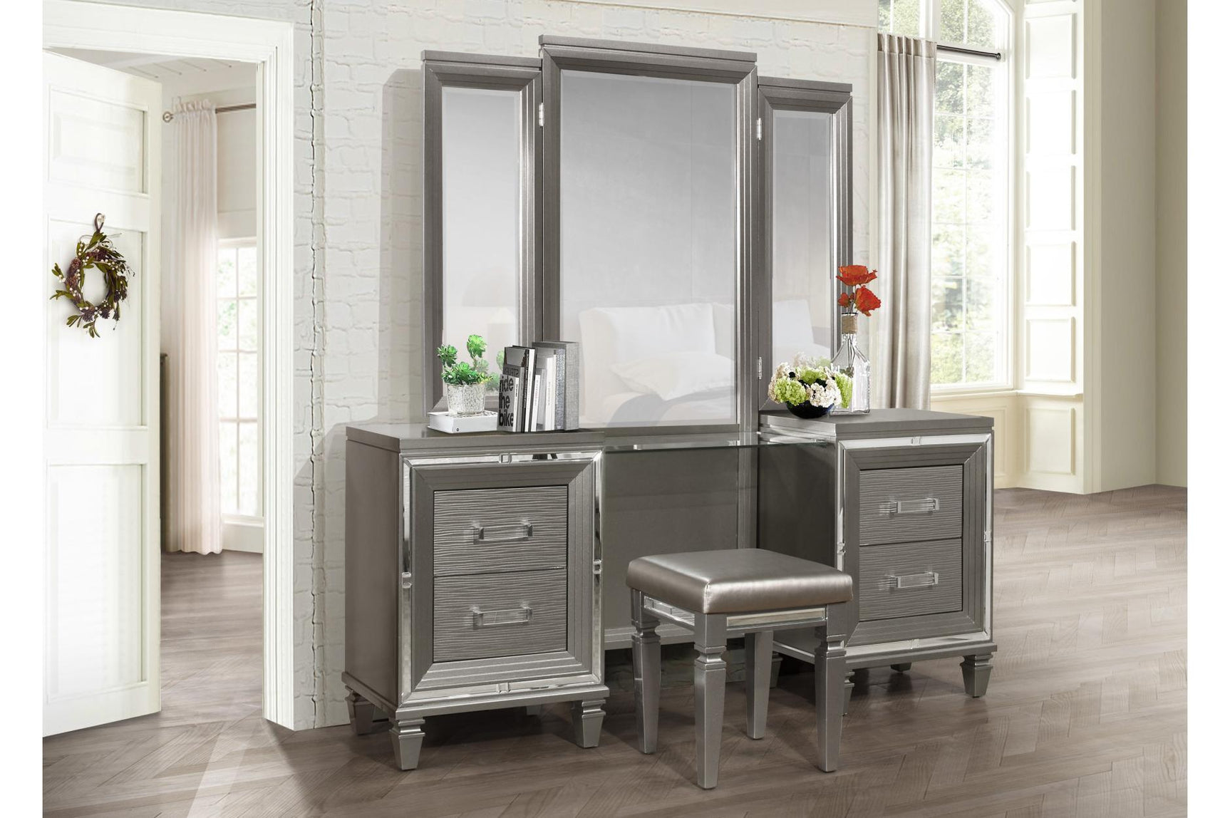 Side view of Tamsin Silver Gray Faux Leather LED Storage Platform Bedroom Set bed