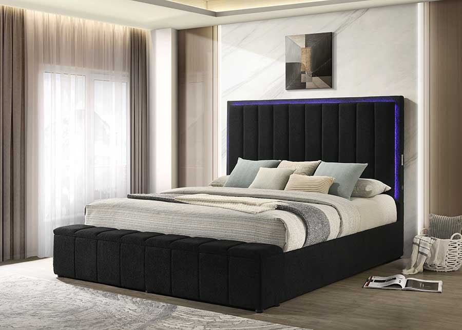 Florence queen bed with LED-lit headboard in black upholstery
