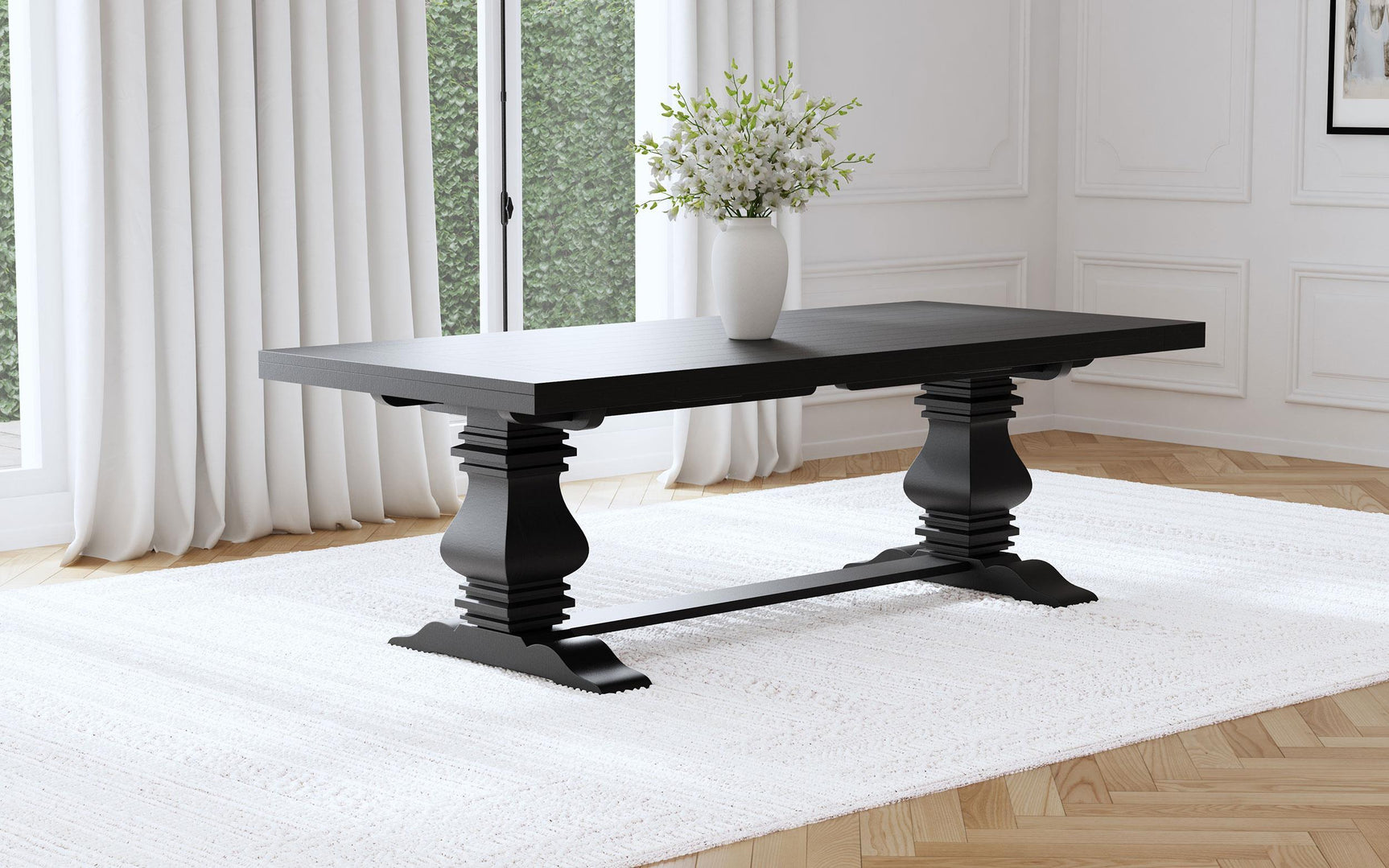 Close-up of distressed black finish on Florence dining table surface