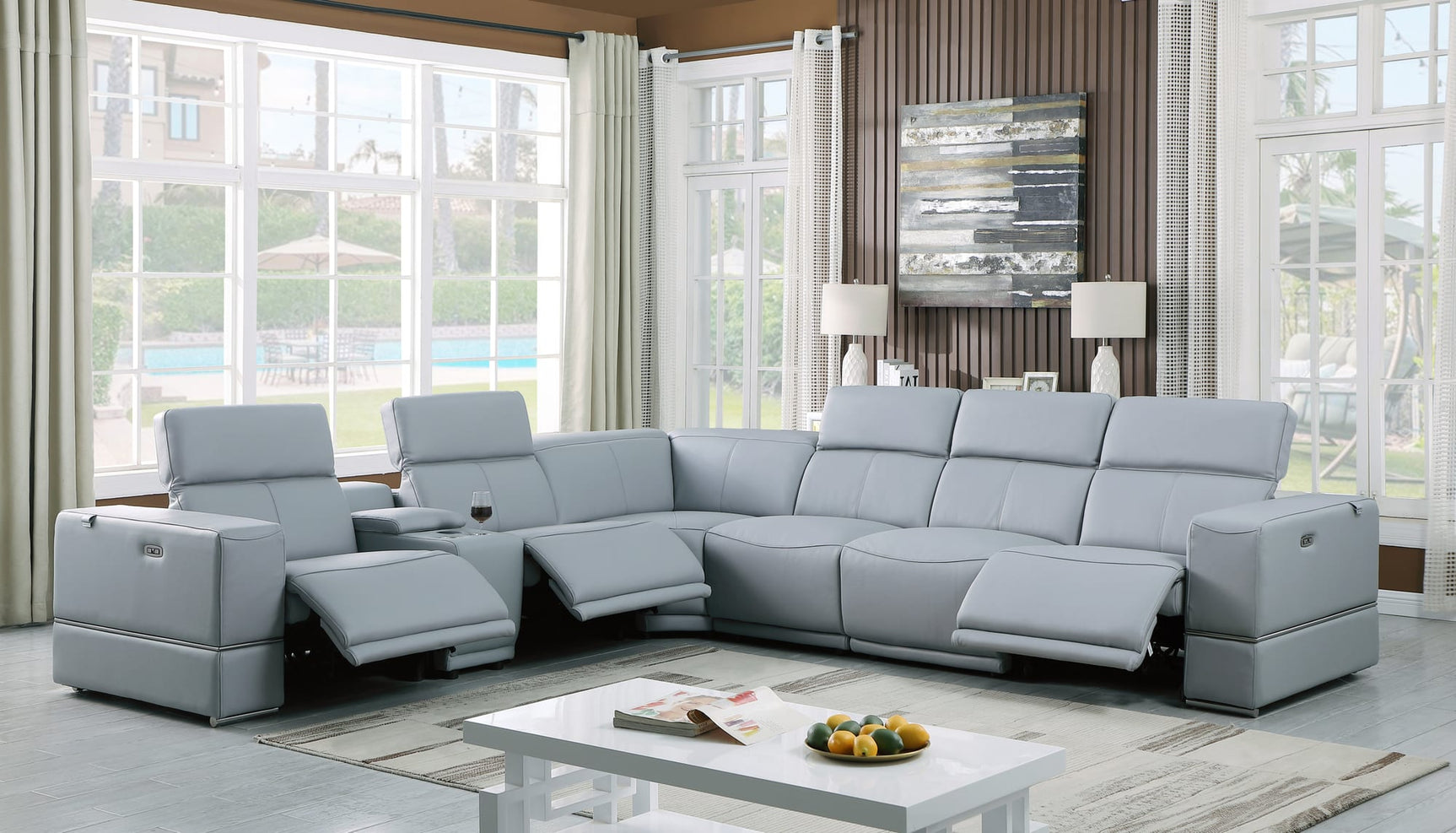 Franco 7-Piece Light Blue Italian Leather Match Power Reclining Sectional with 3 Power Seats and Storage Console from Decor Furniture