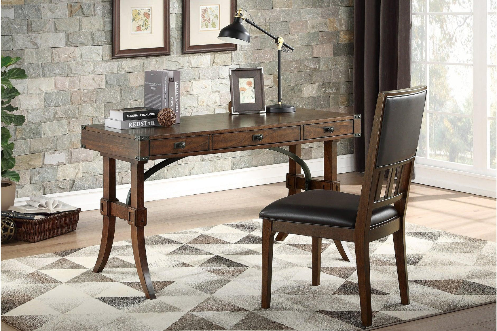 Frazier Park Brown Cherry Wood Writing Desk angled view showing drawers and keyboard tray
