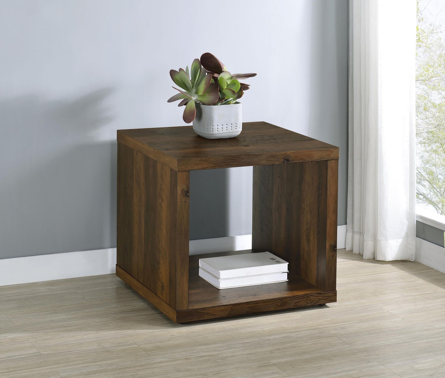 Frisco Square side end table close-up of texture in dark pine finish