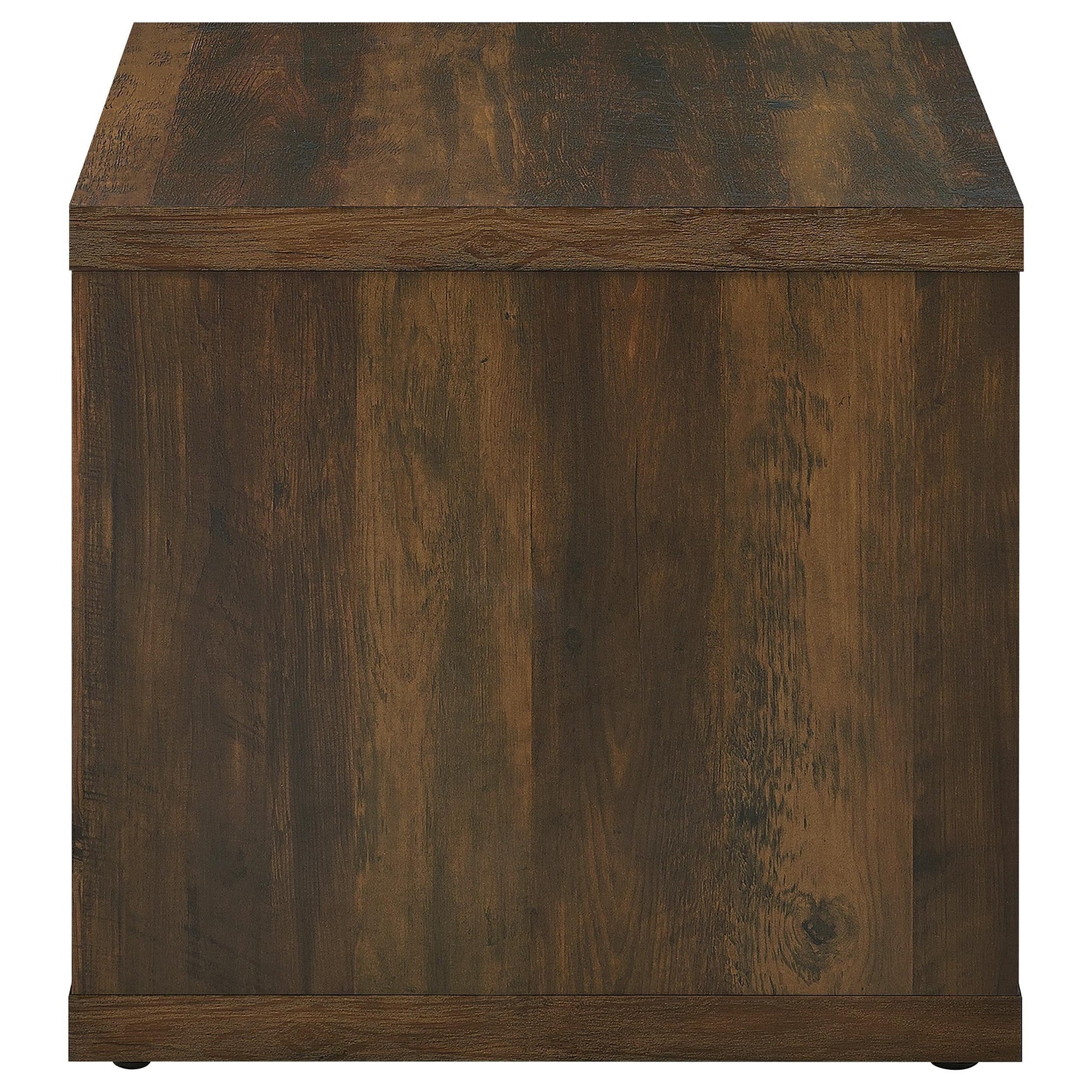 Side end table in dark pine placed next to sofa