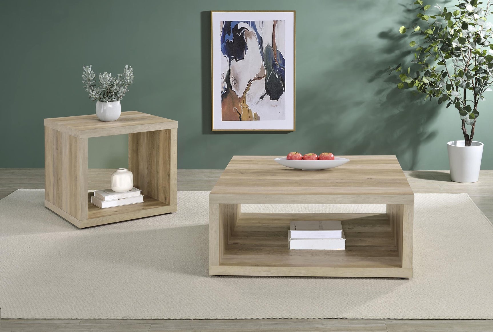 Frisco Square Engineered Wood Side End Table Distressed Pine showing plastic glides