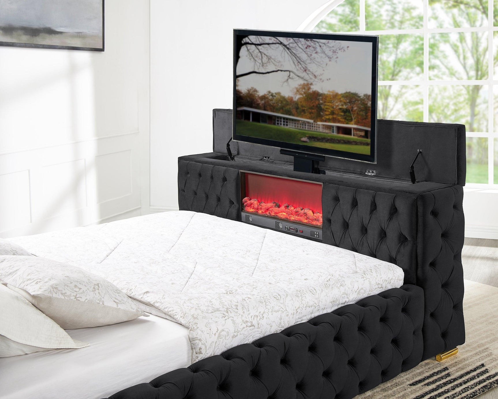 Pull-out TV stand extended from footboard