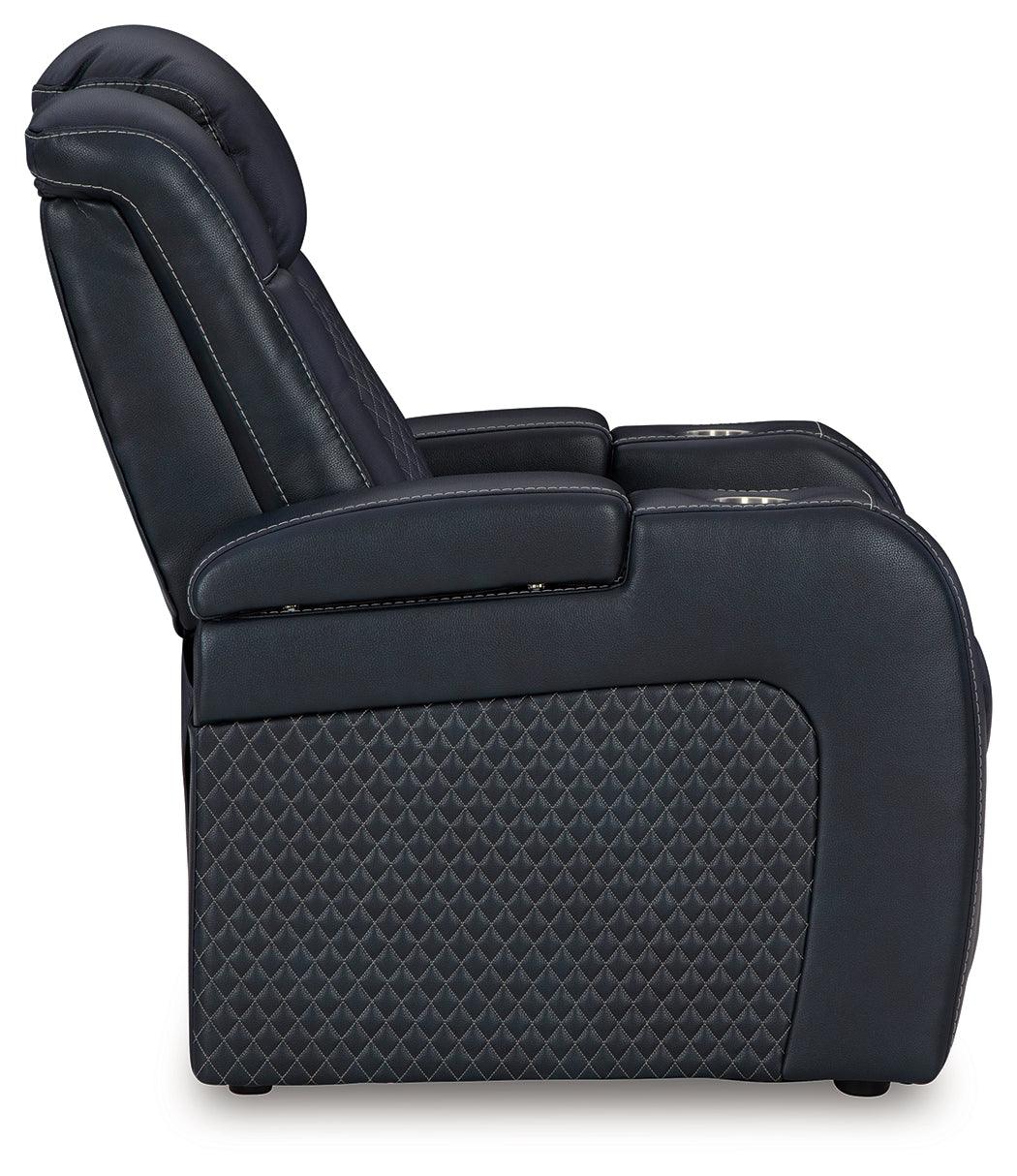 Fyne-Dyme Sapphire Faux Leather Power Recliner side angle