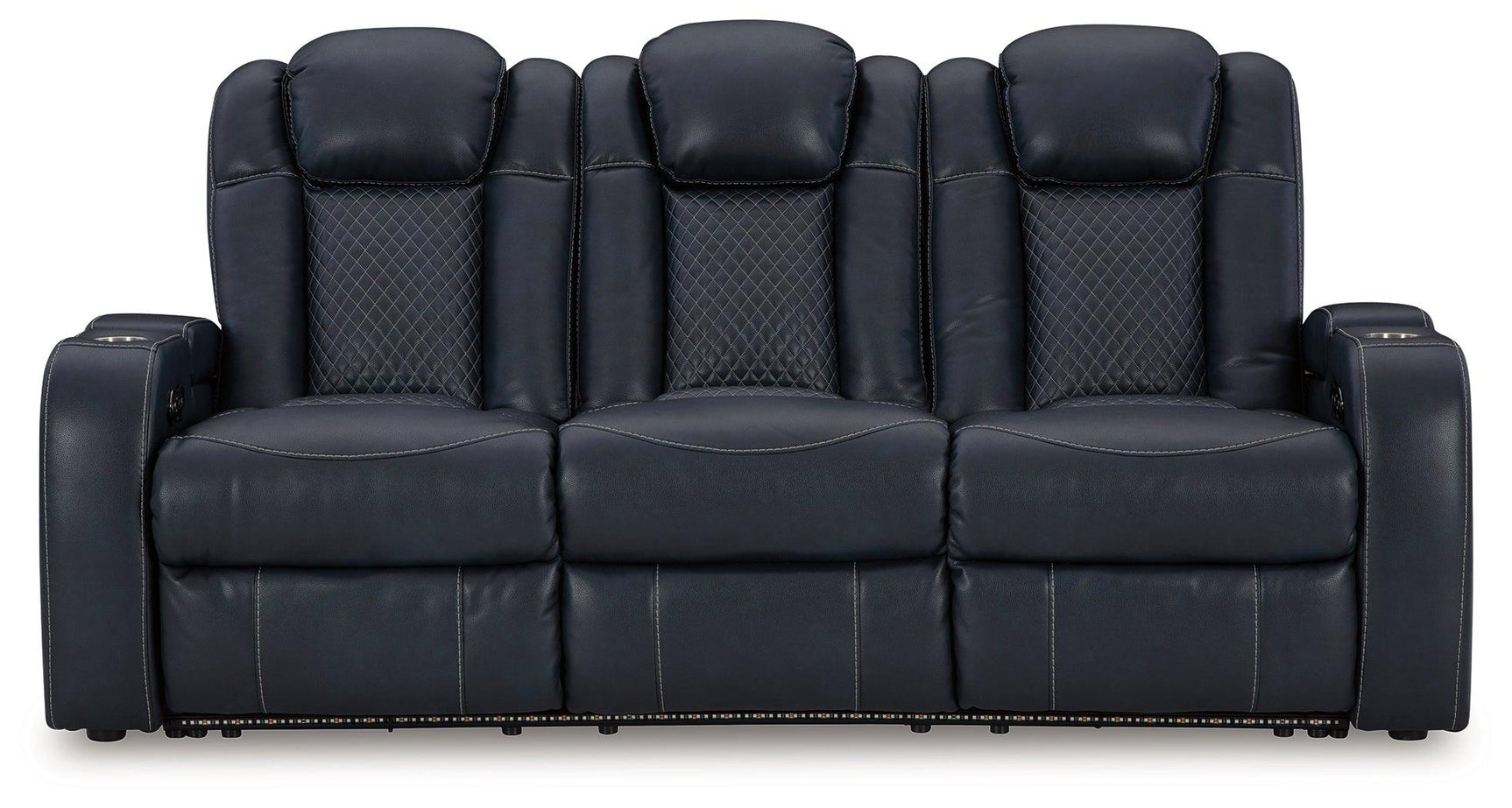 Sofa drop-down table with LED reading lights, dual cup holders, USB ports and wireless charging pad