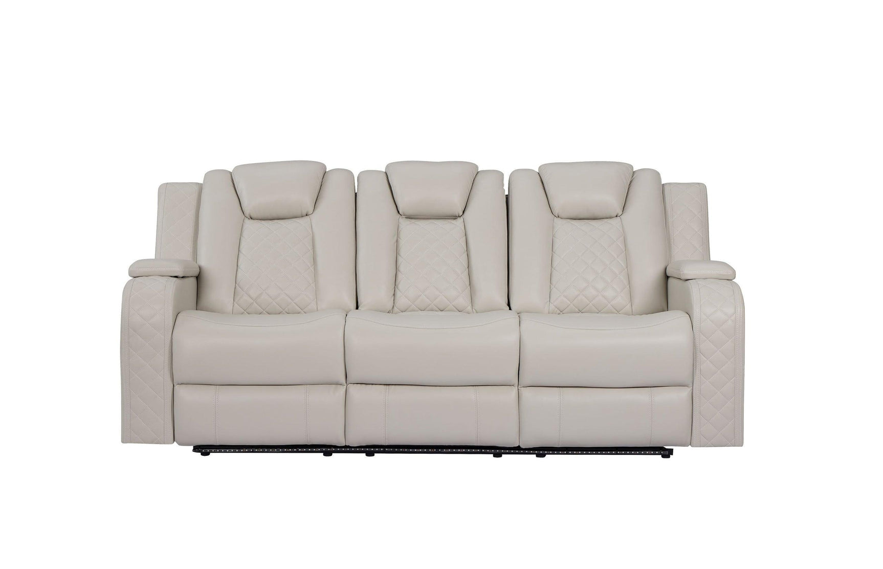Close-up of sofa arm with hidden storage and USB port