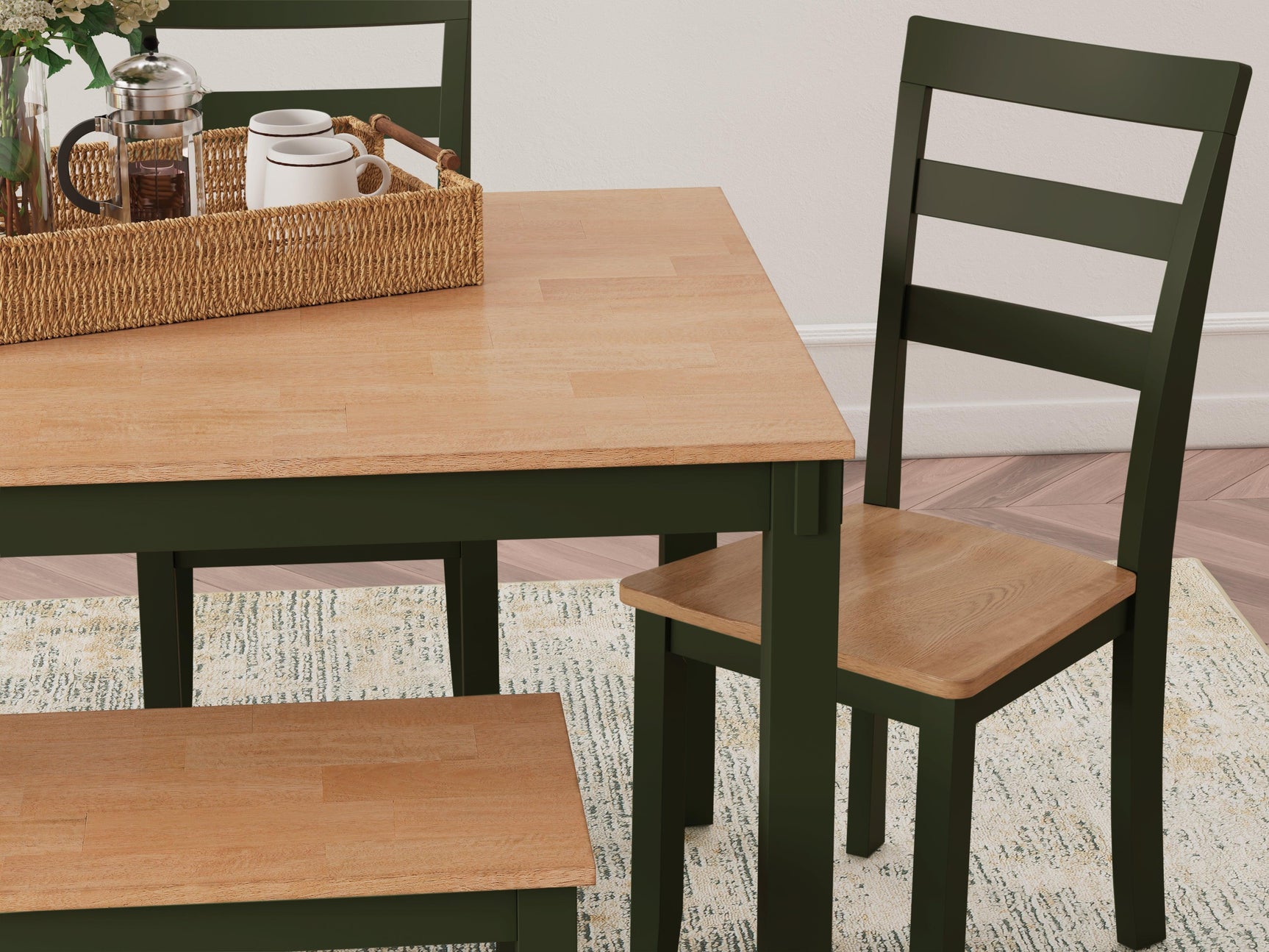 Overhead view of Gesthaven dining set highlighting natural wood and green finish