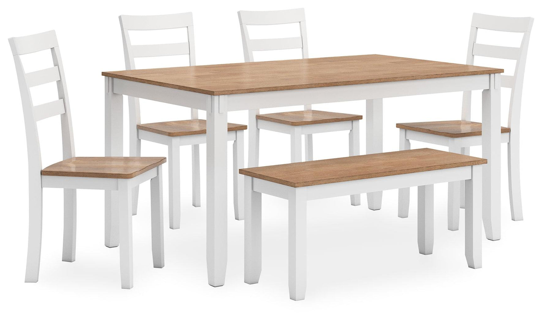 Four wooden dining chairs with contoured seats and natural finish