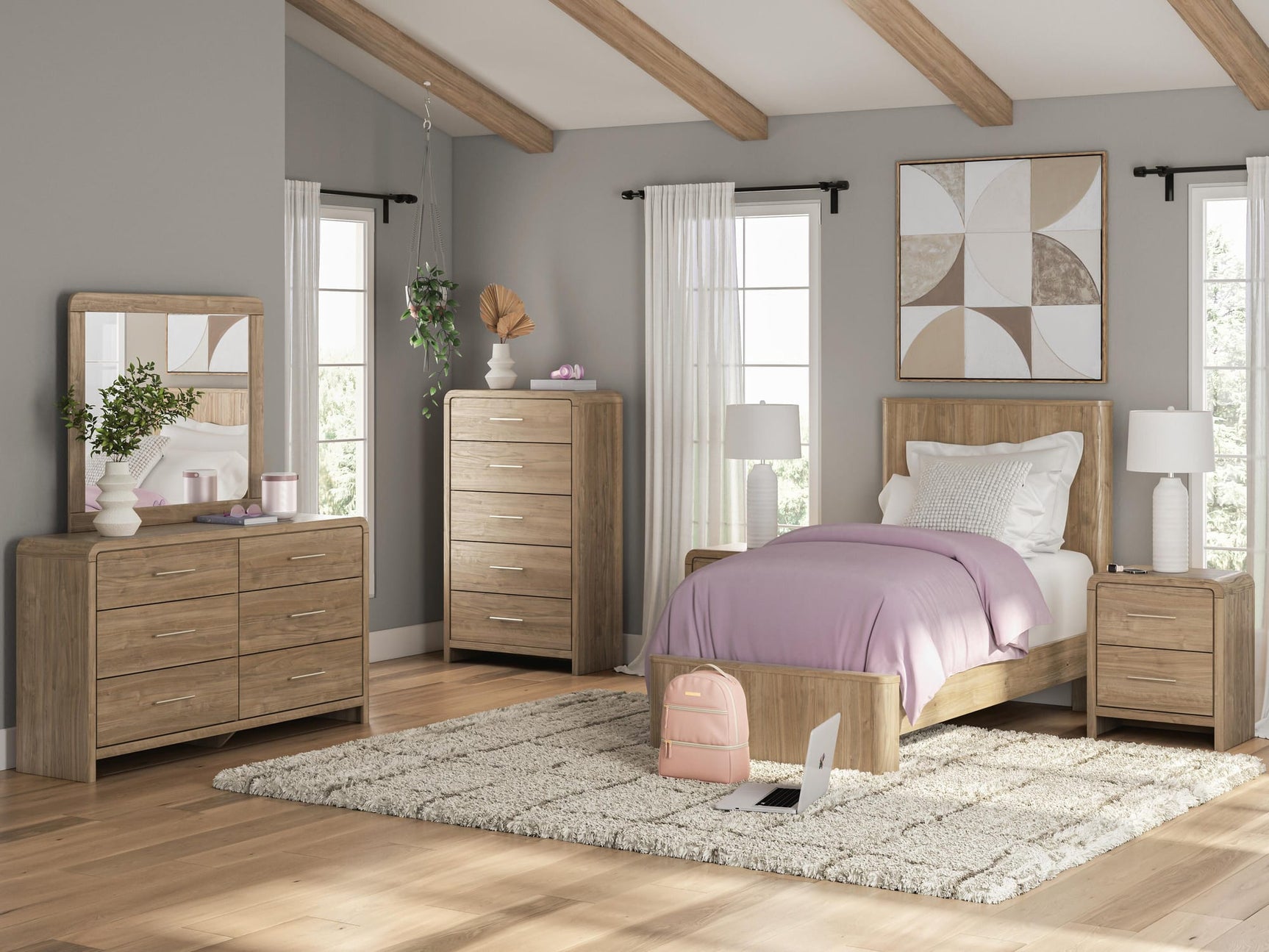 Gramburg Warm Natural Brown Twin Panel Platform Bed view 2