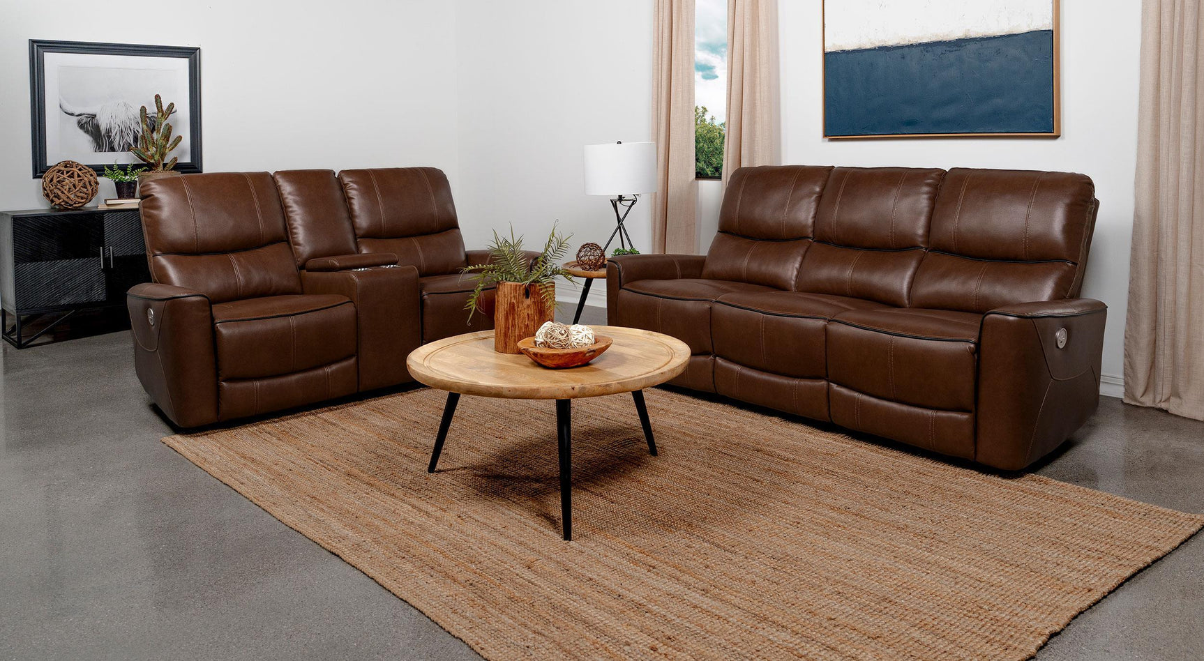 Greenfield power reclining loveseat with console in saddle brown leatherette side view