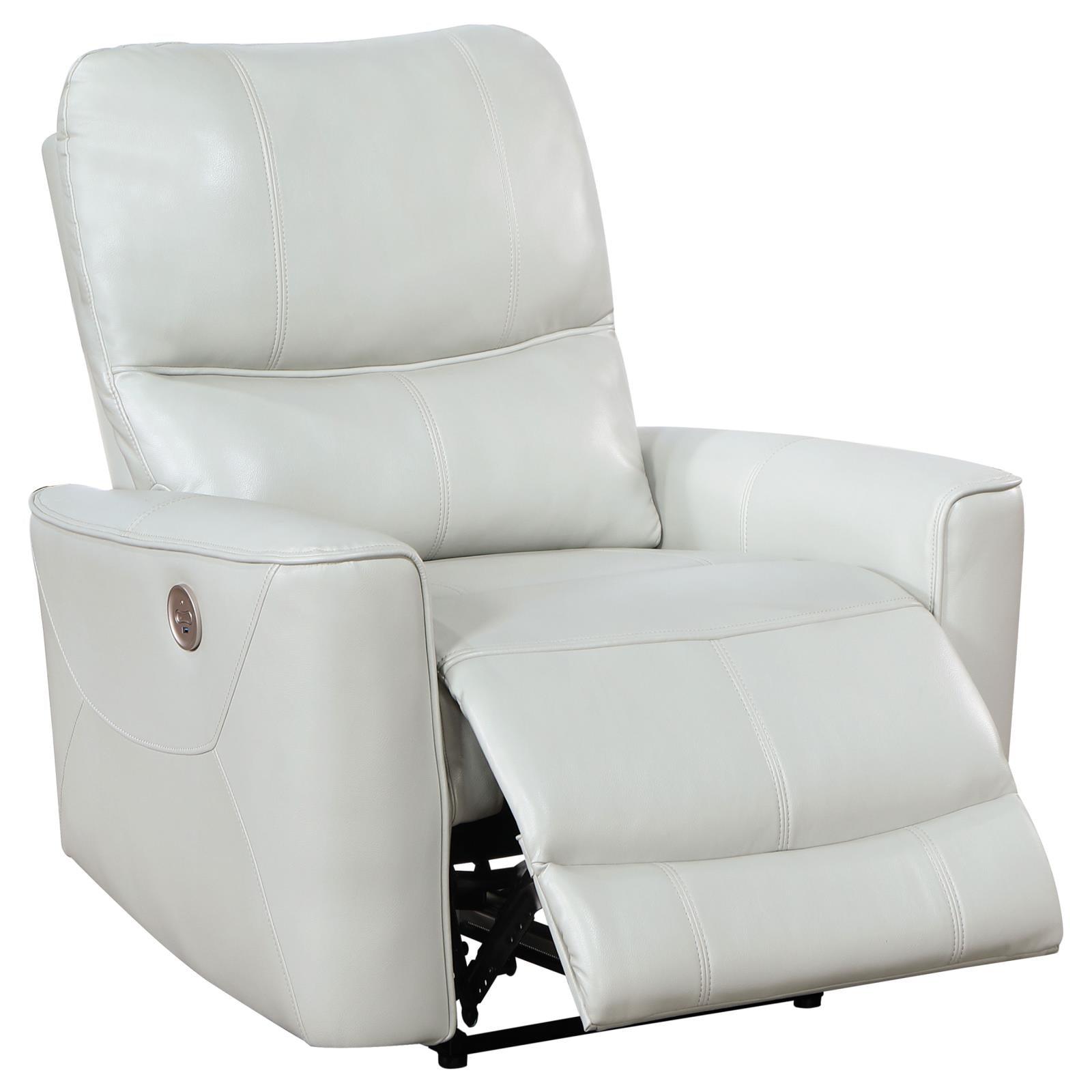 Power recliner showing USB port and tufted back cushions