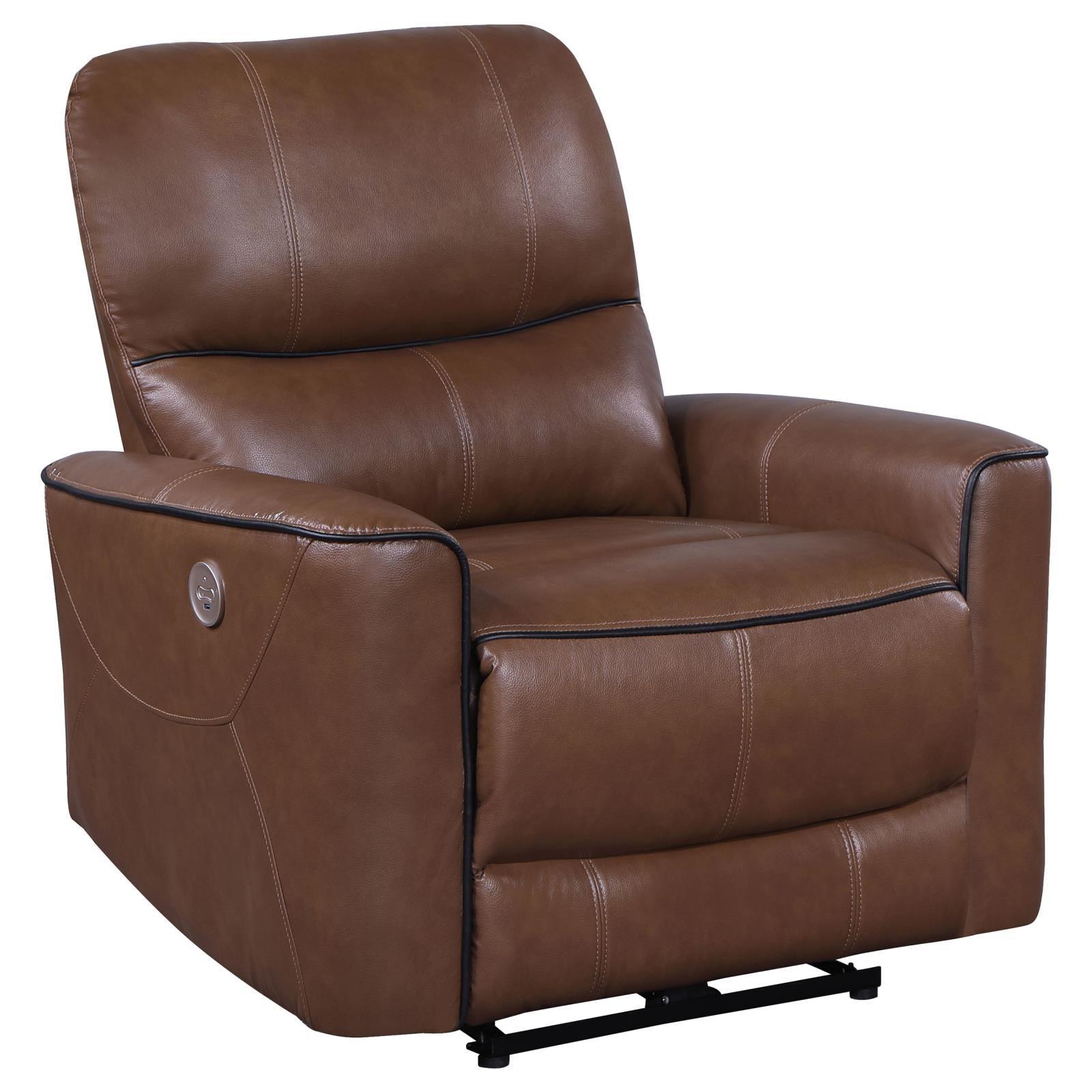 Power recliner chair showing tufted back and attached cushions
