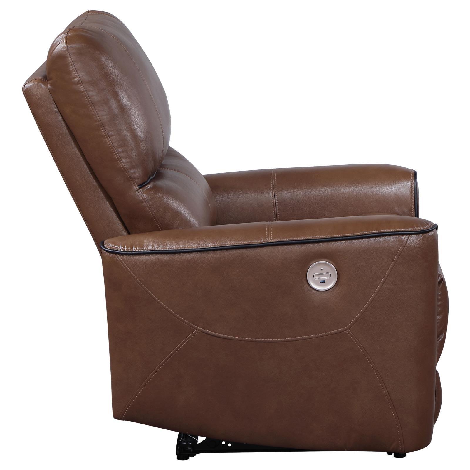 Close-up of saddle brown leatherette upholstery and stitching