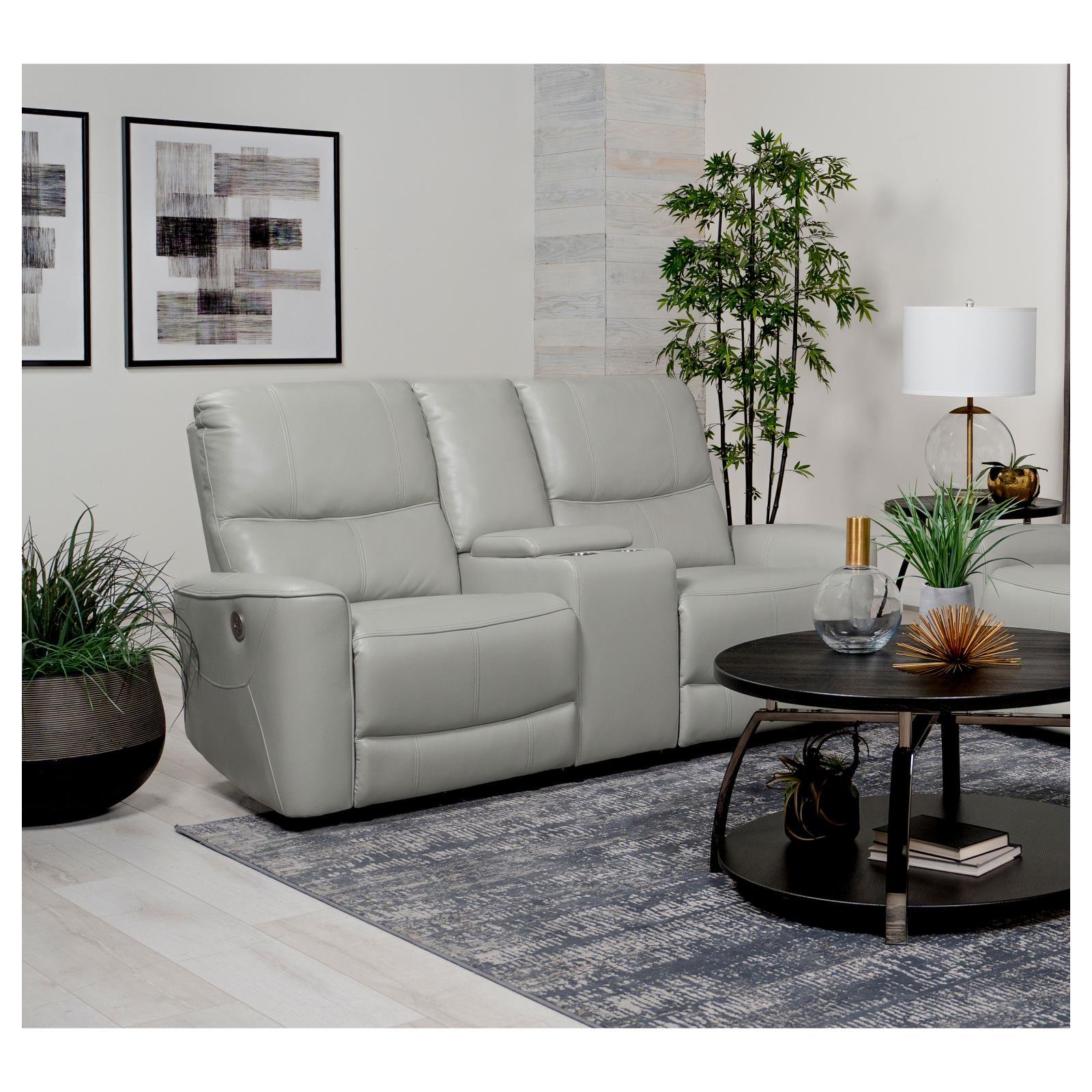 Greenfield Ivory Loveseat showing flip-top console storage and cup holders