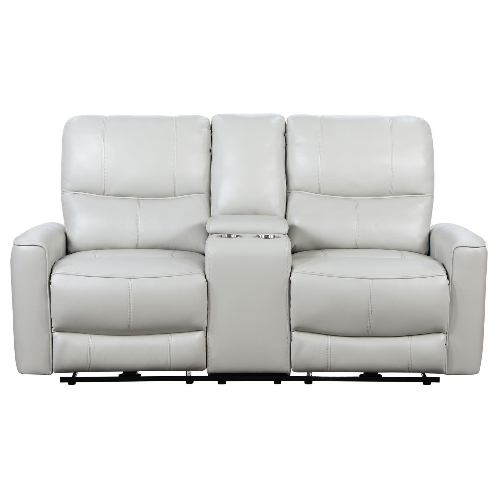 Greenfield Ivory Reclining Loveseat console open showing storage space