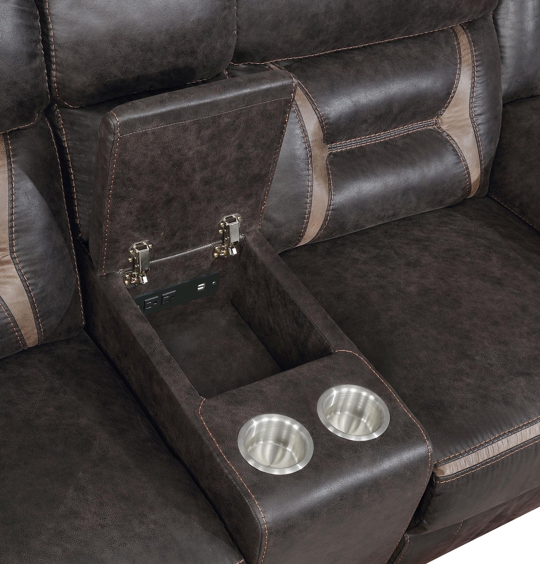 Greer sofa cupholders with folded drop-down table