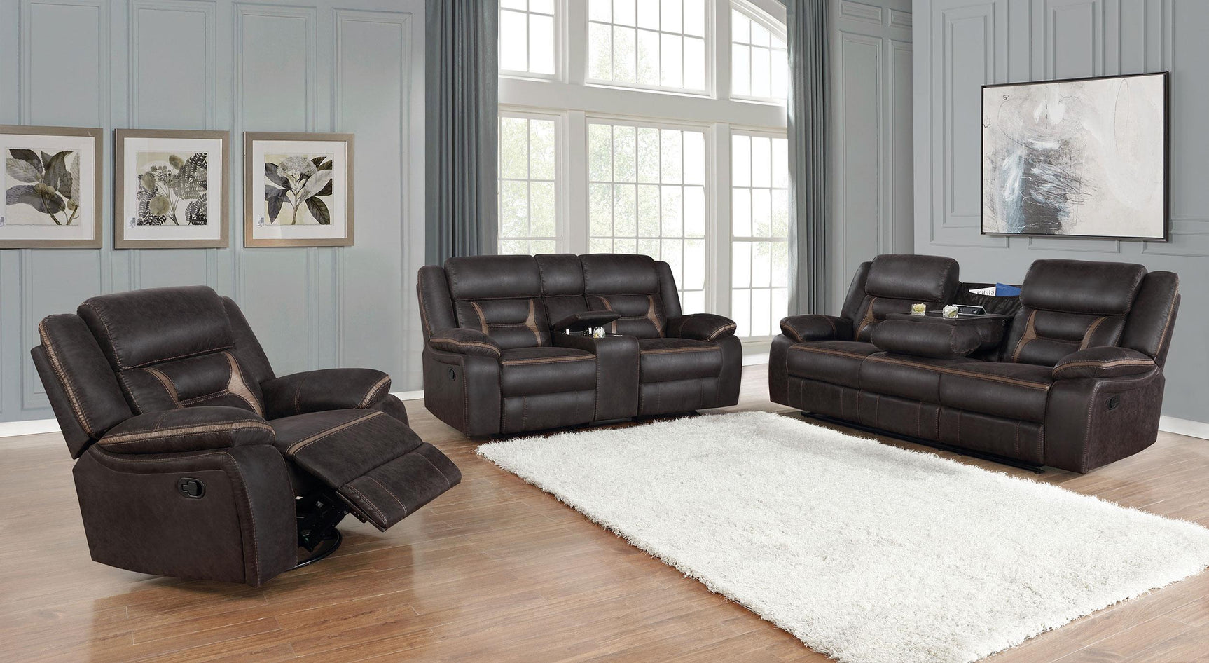 Greer brown reclining sofa set showing loveseat and swivel recliner