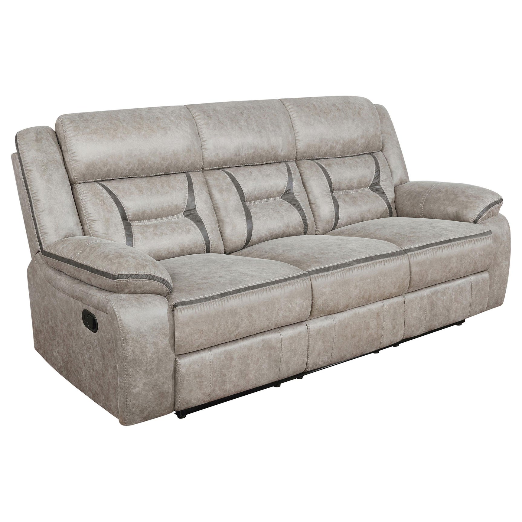 Swivel glider recliner in taupe, angled view