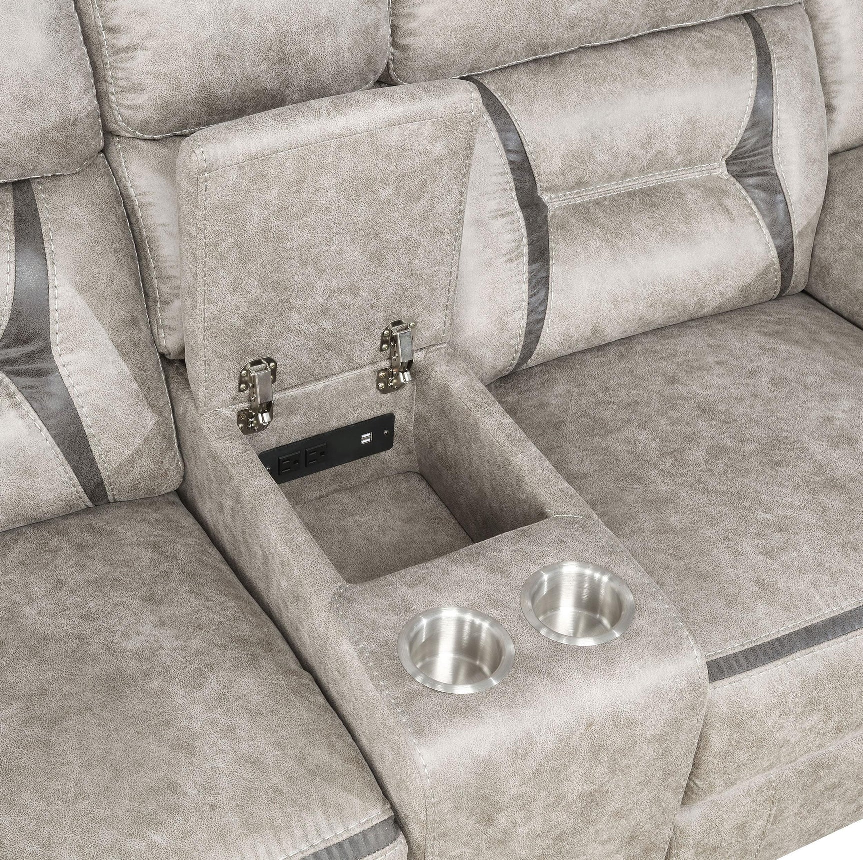 Console storage compartment open, showing space