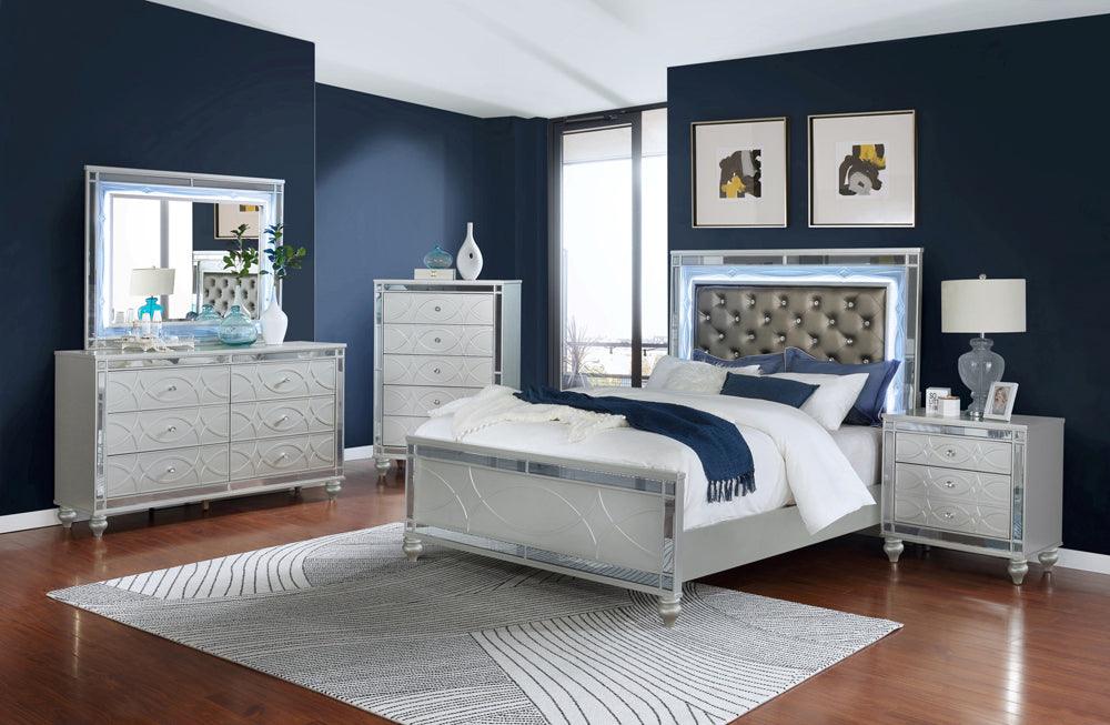 Front view of Gunnison Silver Metallic Bedroom Set with LED lighting