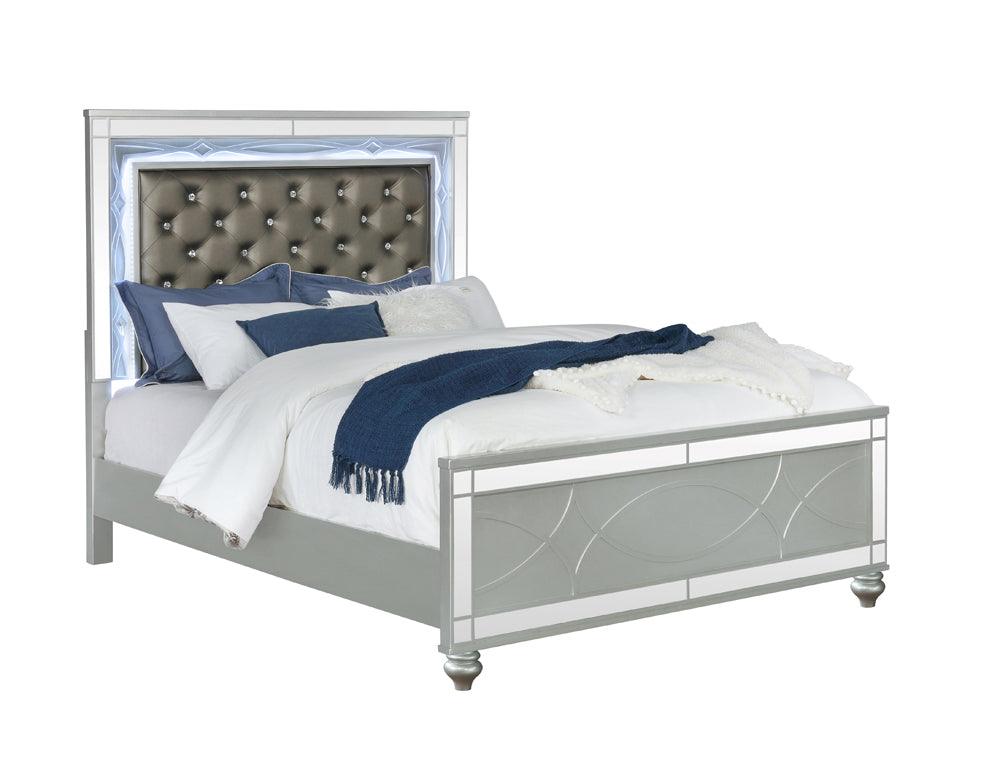 Side view of Gunnison Silver Metallic Bedroom Set with LED lighting