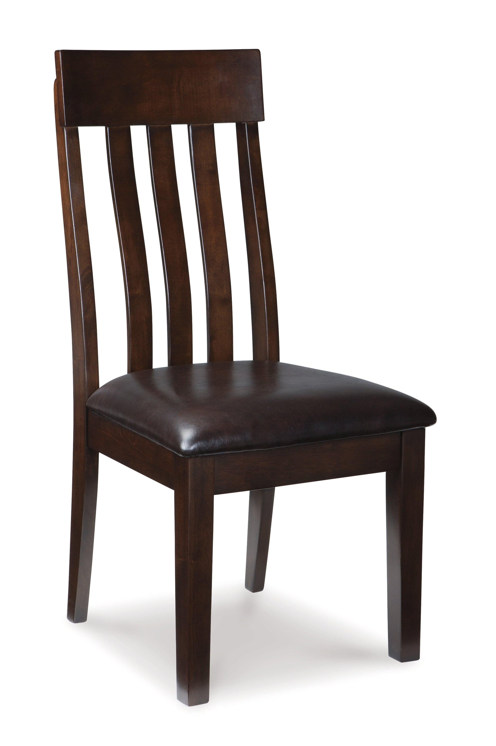 Haddigan dark brown dining chair, side view showing rake-back