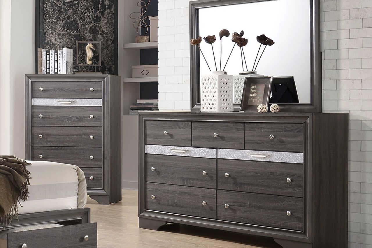 Side view of Hannah Grey Nightstand in bedroom setting