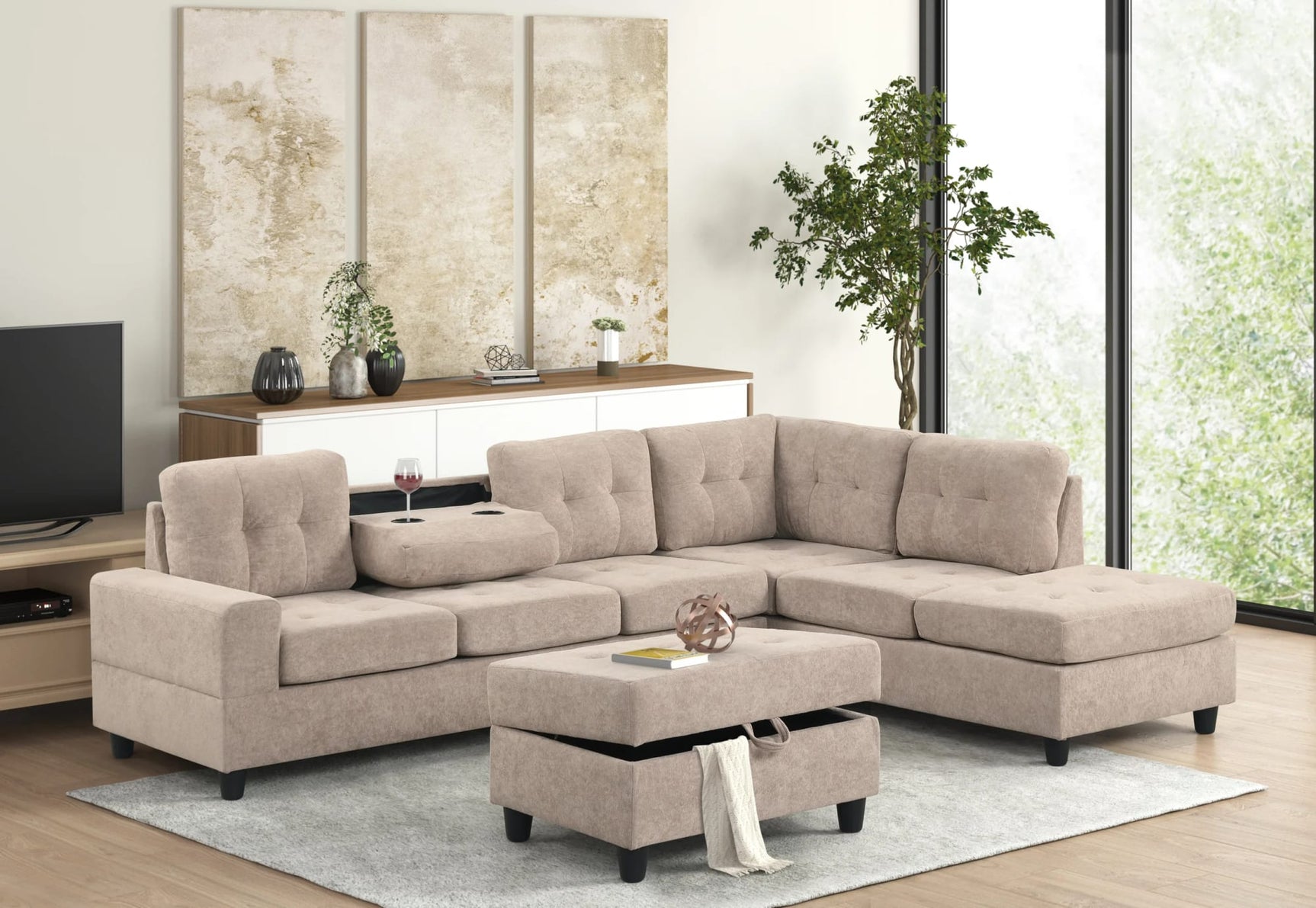 Heights Beige Reversible Sectional + Ottoman from Decor Furniture