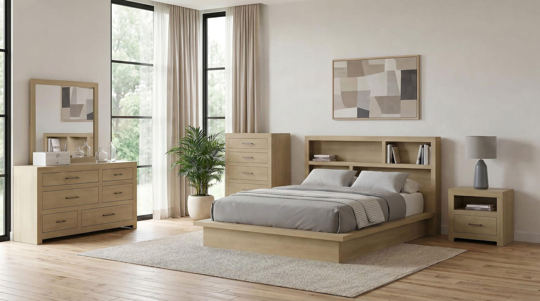Hendricks Queen Bookcase Headboard Platform Bed Light Oak view 11