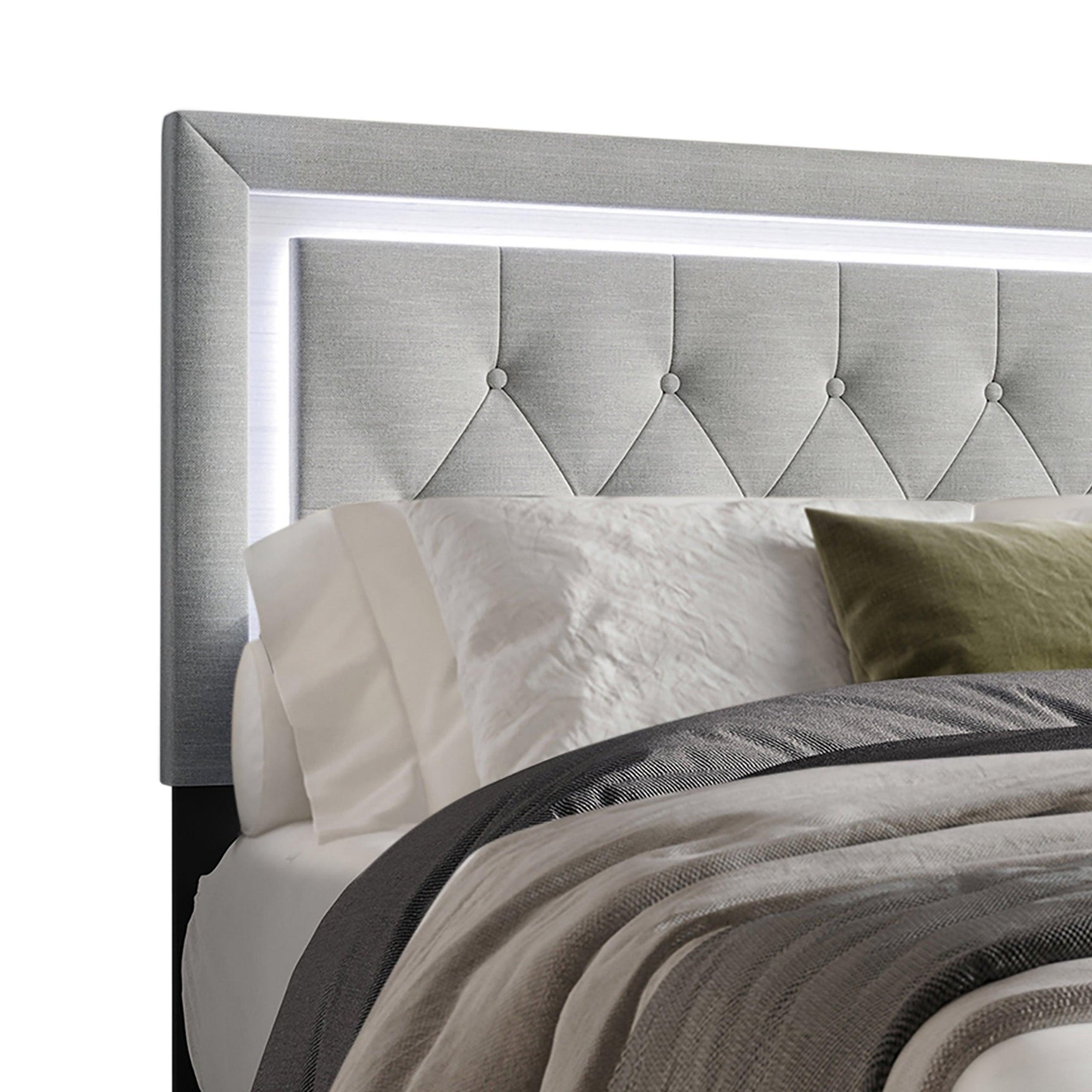 Oluma gray upholstered tufted panel full platform bed angled corner view