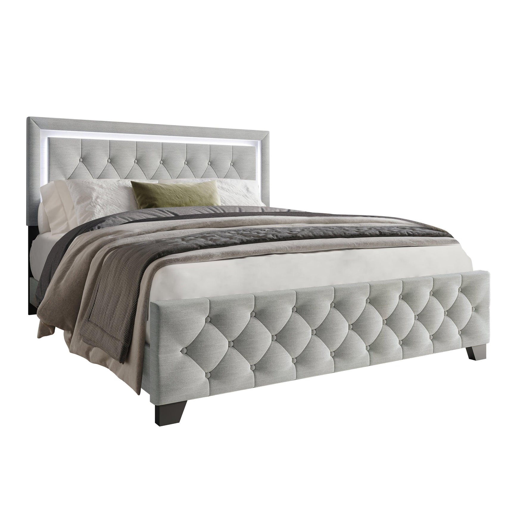 Oluma gray upholstered tufted panel full platform bed side angle