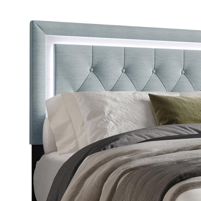 Oluma Taupe Full Platform Bed showing fabric texture and base