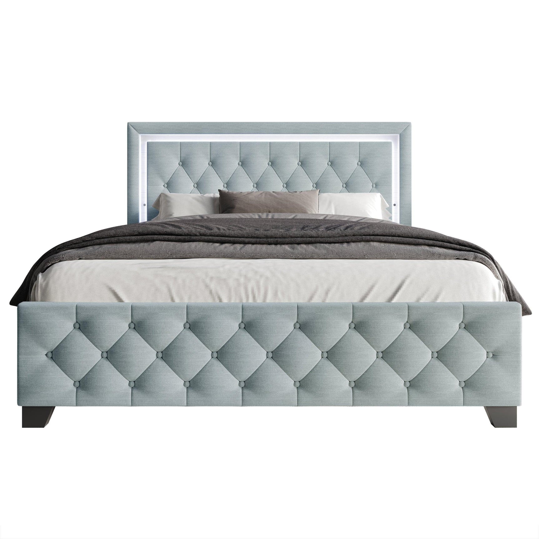 Side profile of Oluma taupe upholstered tufted full platform bed