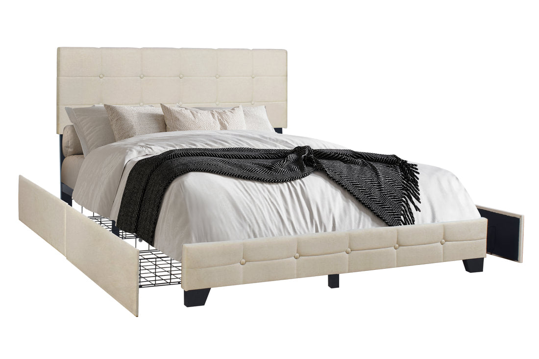 Close-up of beige linen upholstery and tufted detail on headboard