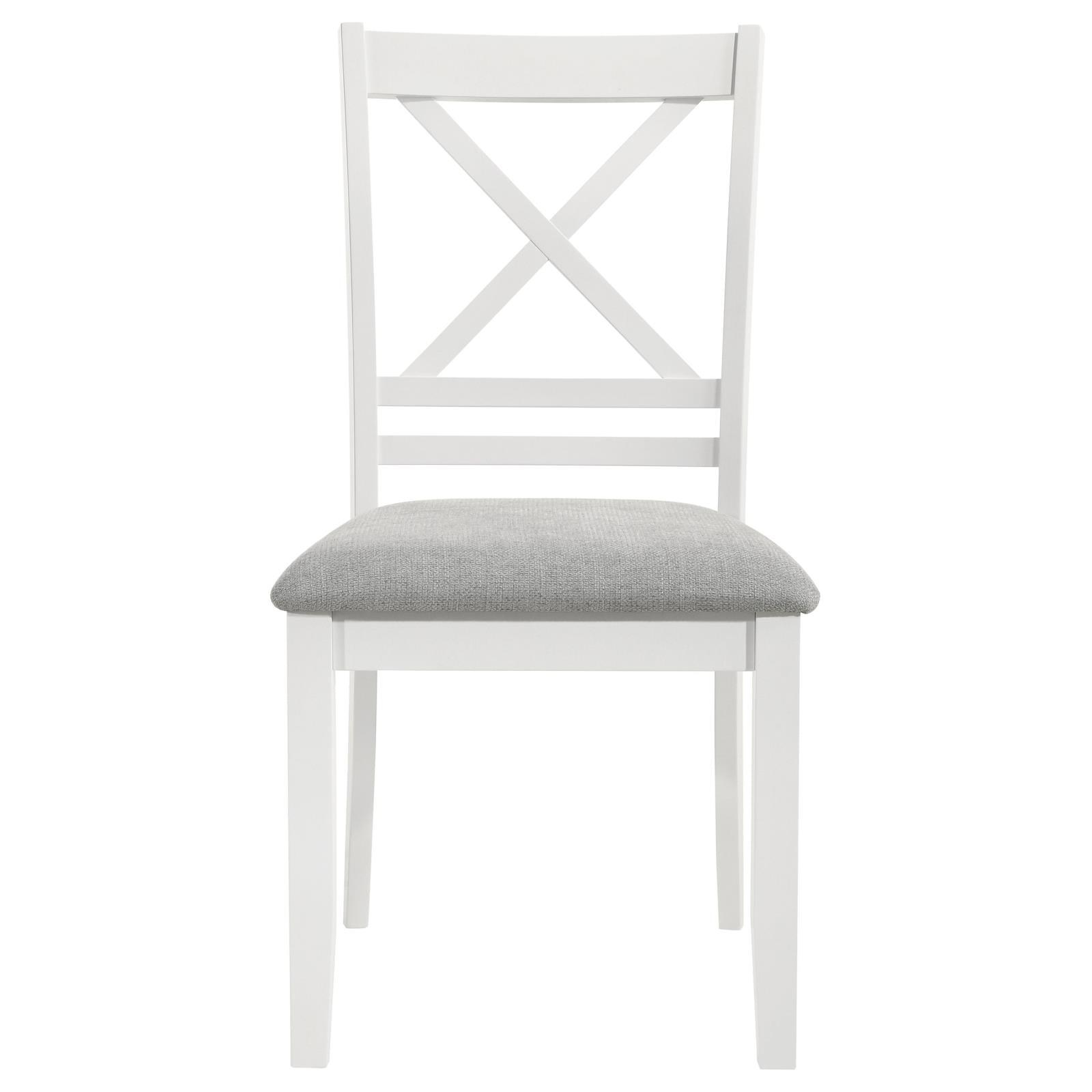 Light gray upholstered seat on Hollis white wood chair