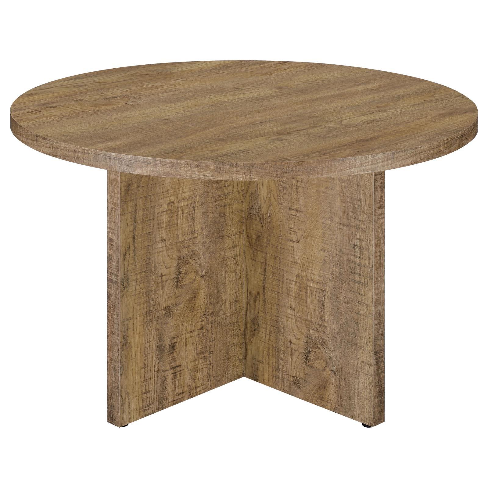 Side view of Jamestown round dining table showing thickness