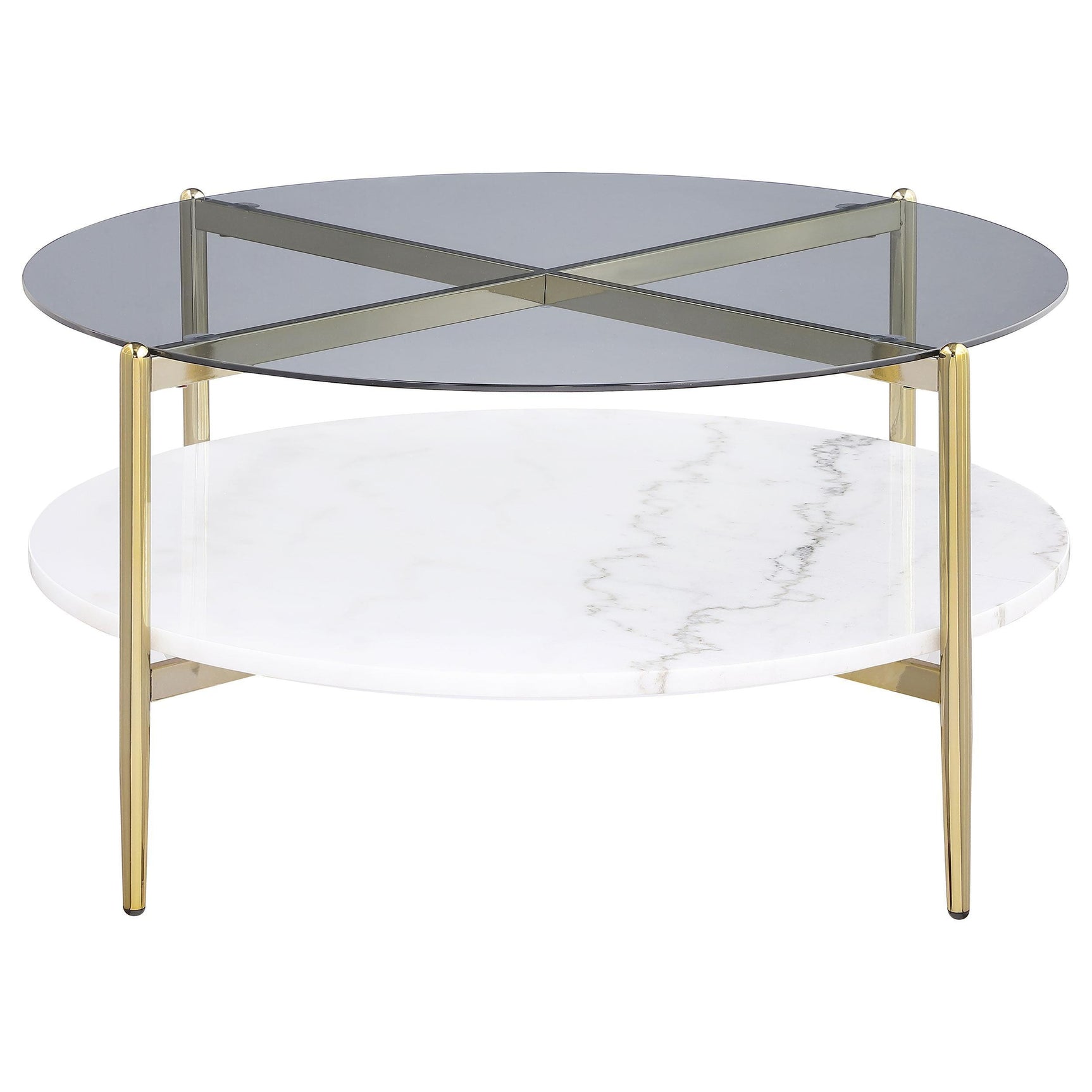 Round coffee table smoke glass top crossing stretchers decorative