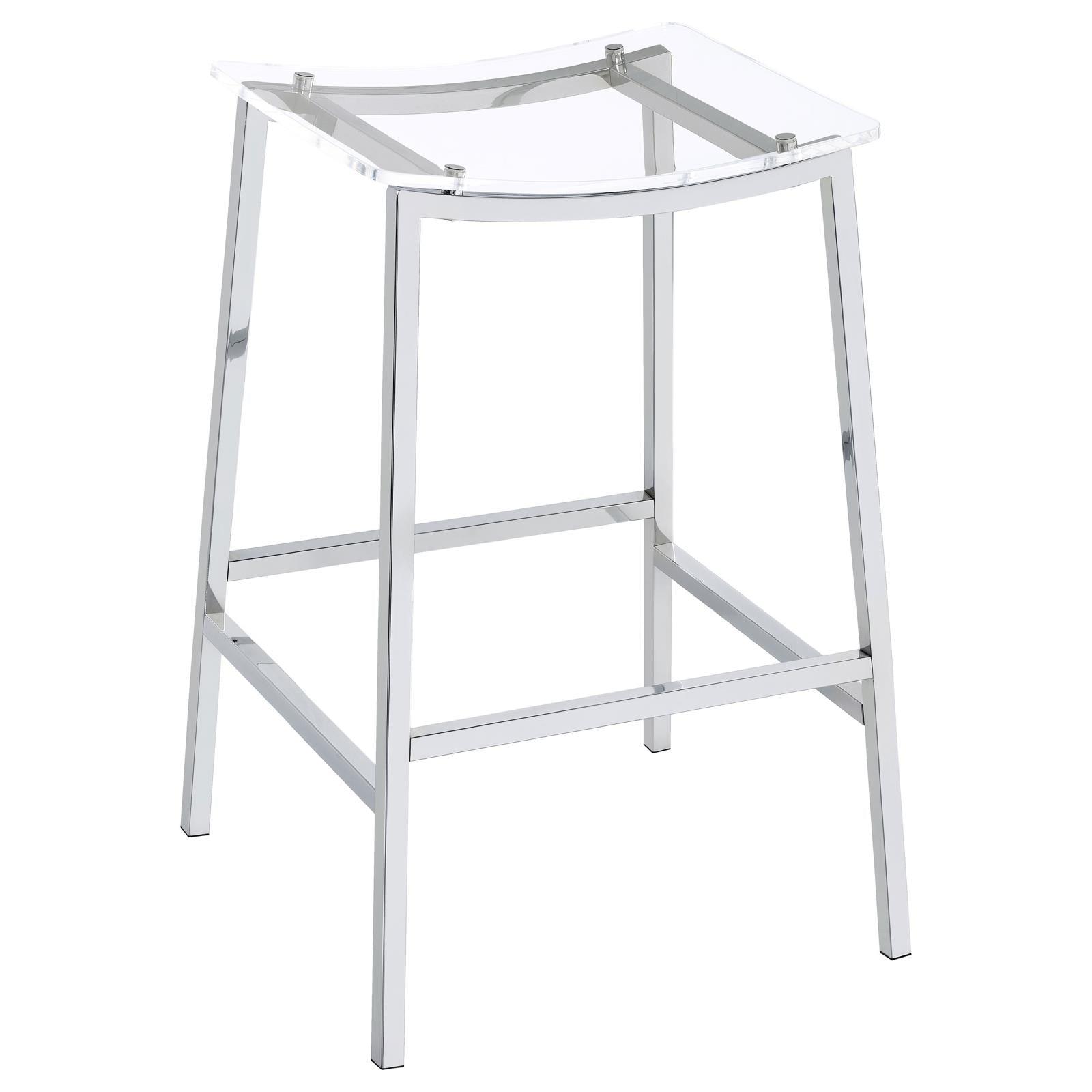 Close-up of clear acrylic seat and chrome metal footrest of Jovani bar stool