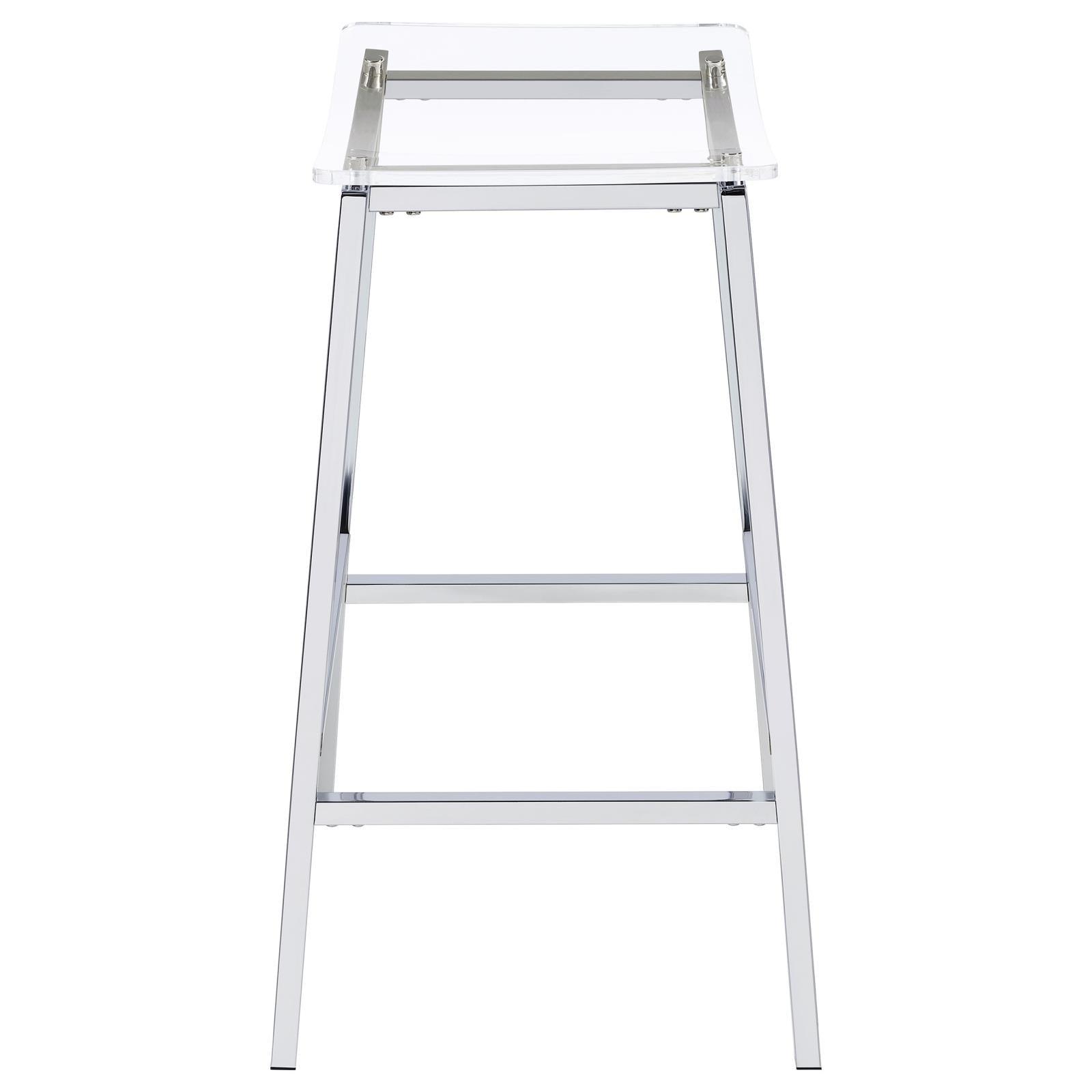 Angled view of Jovani acrylic bar stool showing seat and footrest