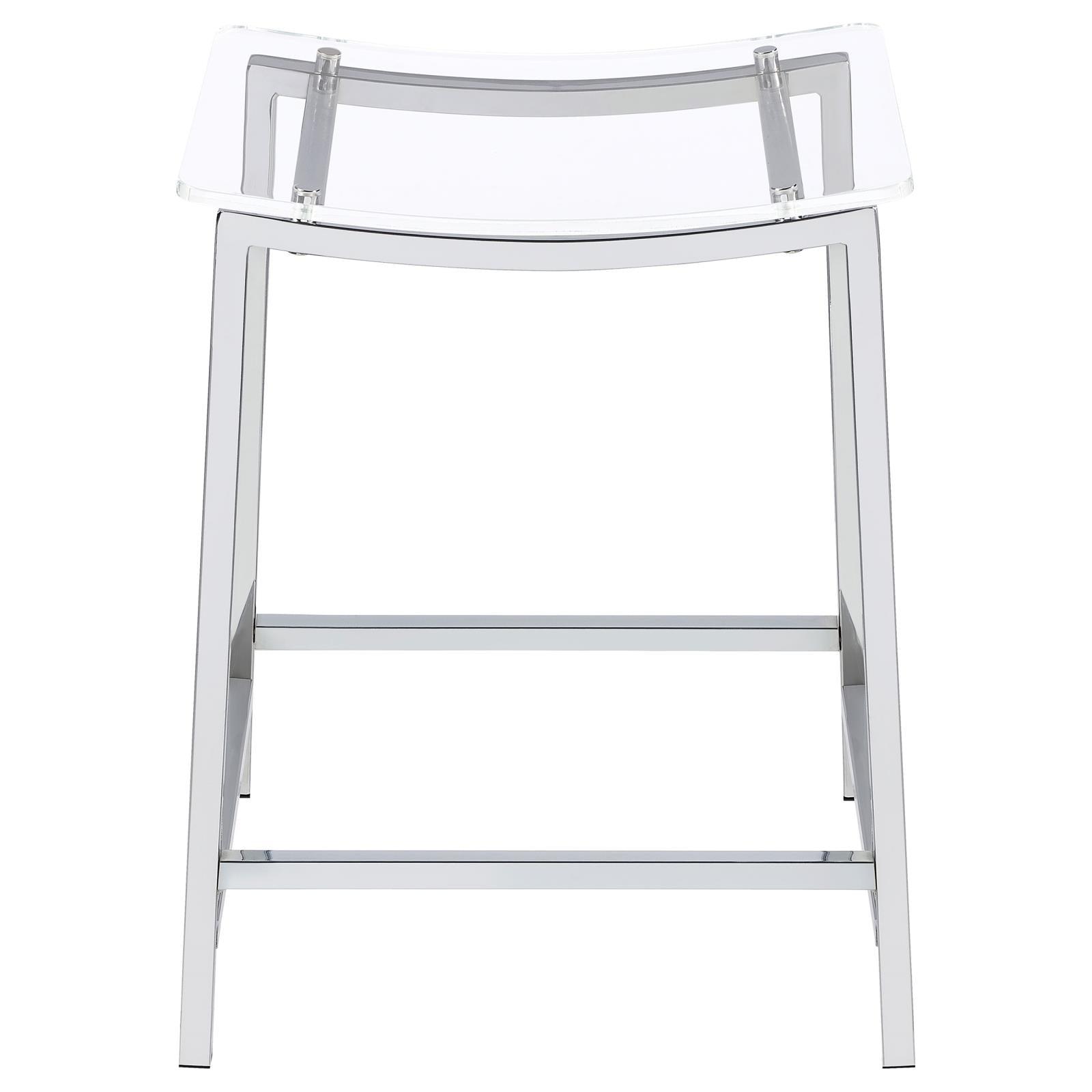 Set of 2 Jovani acrylic backless counter height bar stools clear and chrome in kitchen setting