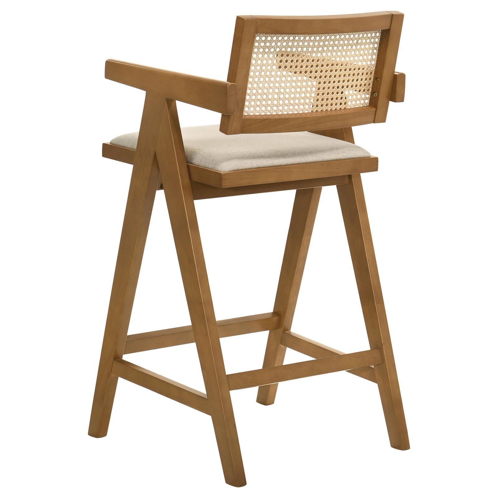 Set of two Kane light walnut bar stools with woven rattan backs