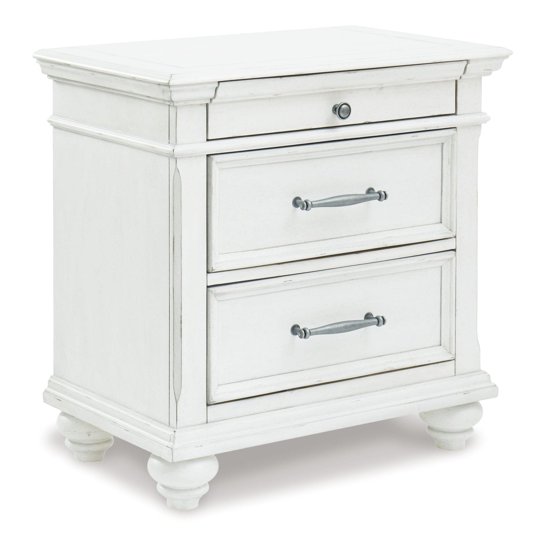Side perspective of Kanwyn Whitewash Panel Storage Bedroom Set bed